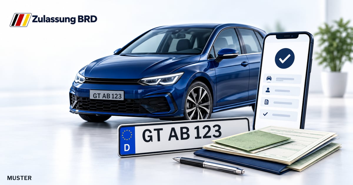 Online Fahrzeugzulassung in Harsewinkel: Musterkennzeichen GT AB 123, Auto und Fahrzeugpapiere und Smartphone. Illustration mit Logo von Zulassung BRD.